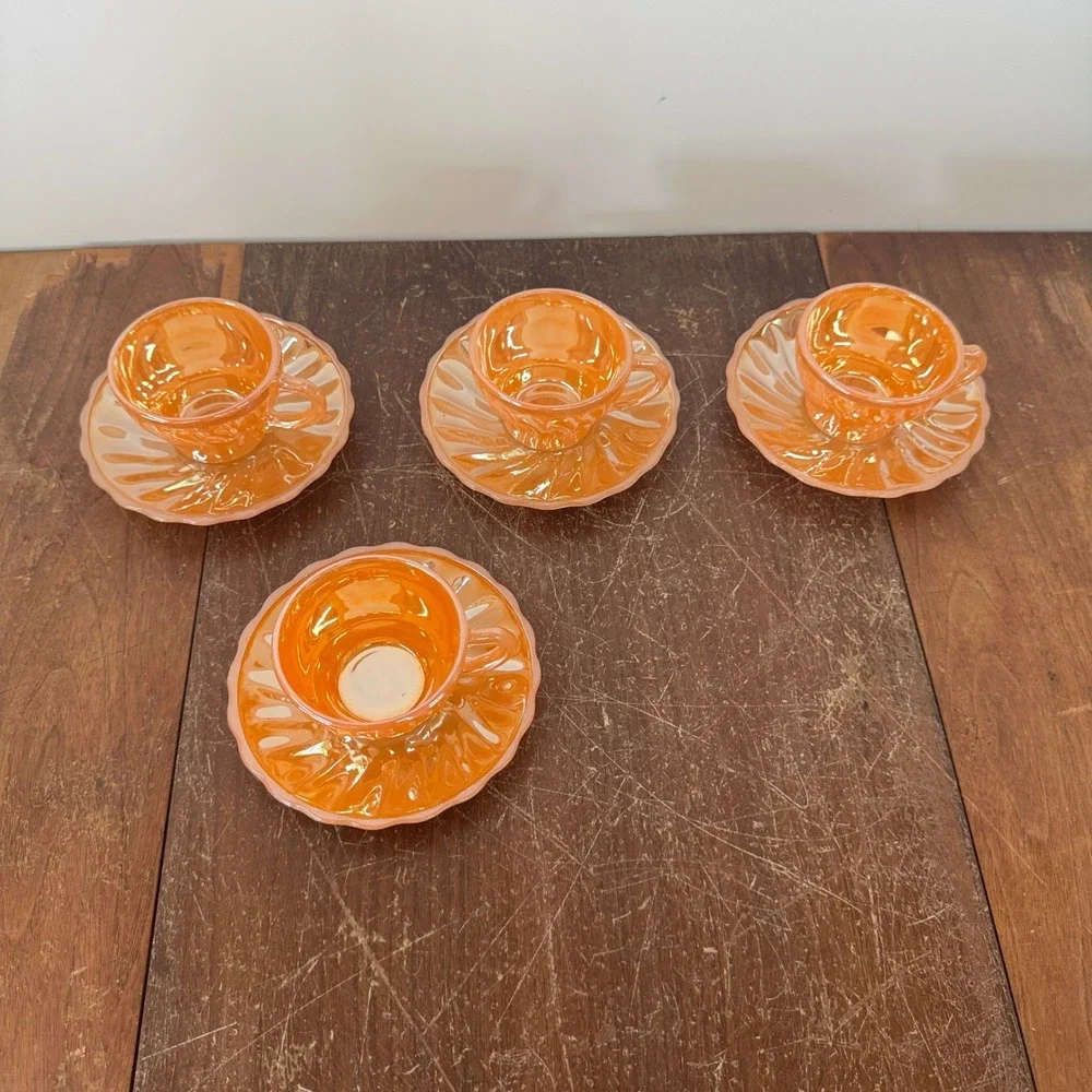 Anchor Hocking‎ Fire Ring Orange Peach Lusterware Carnival Glass Cup Saucer Set